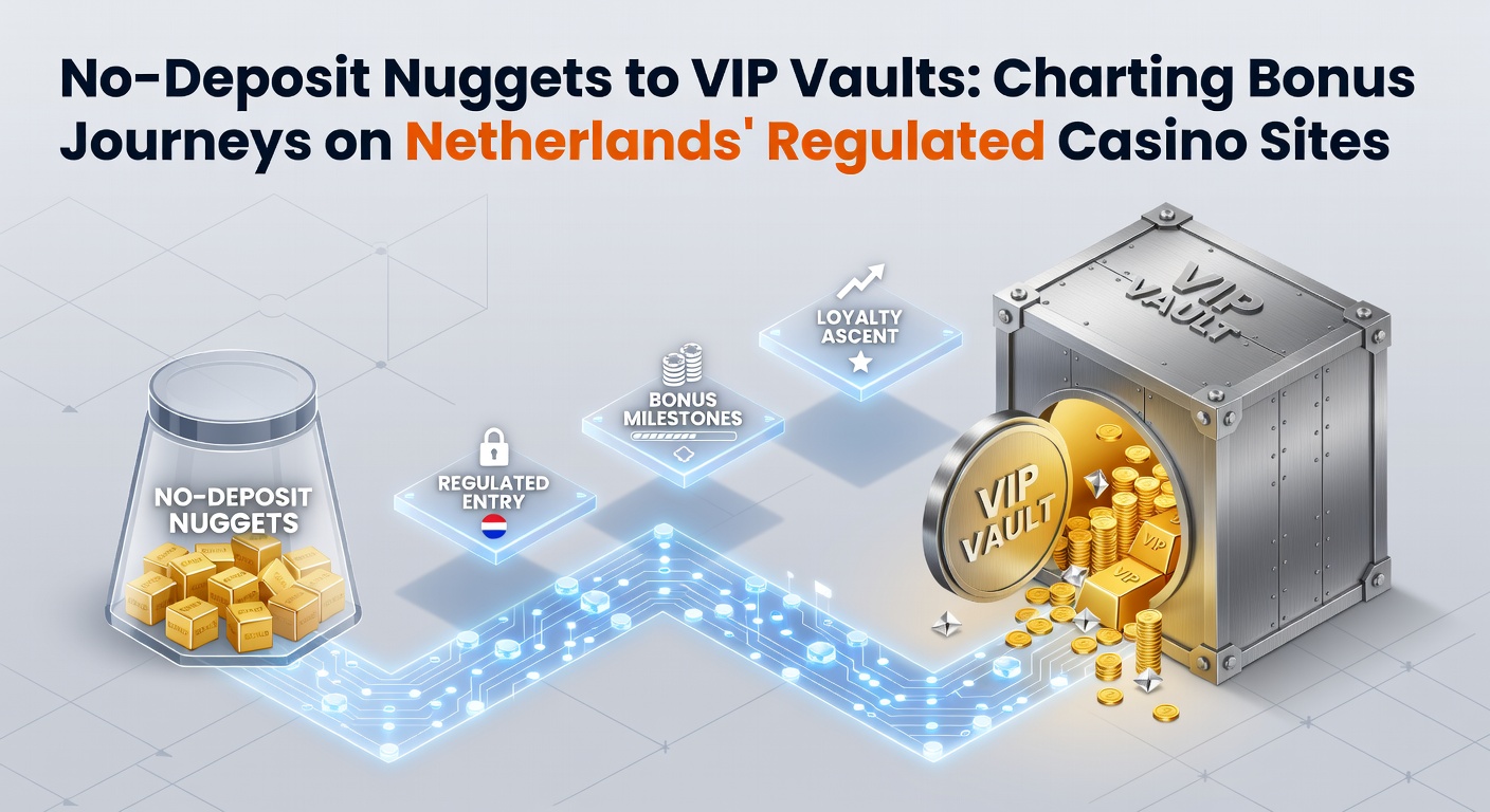 Grafiek die de progressie toont van een no-deposit bonus naar VIP-niveaus op een Nederlands casino-platform, met pijlen die groei in beloningen illustreren