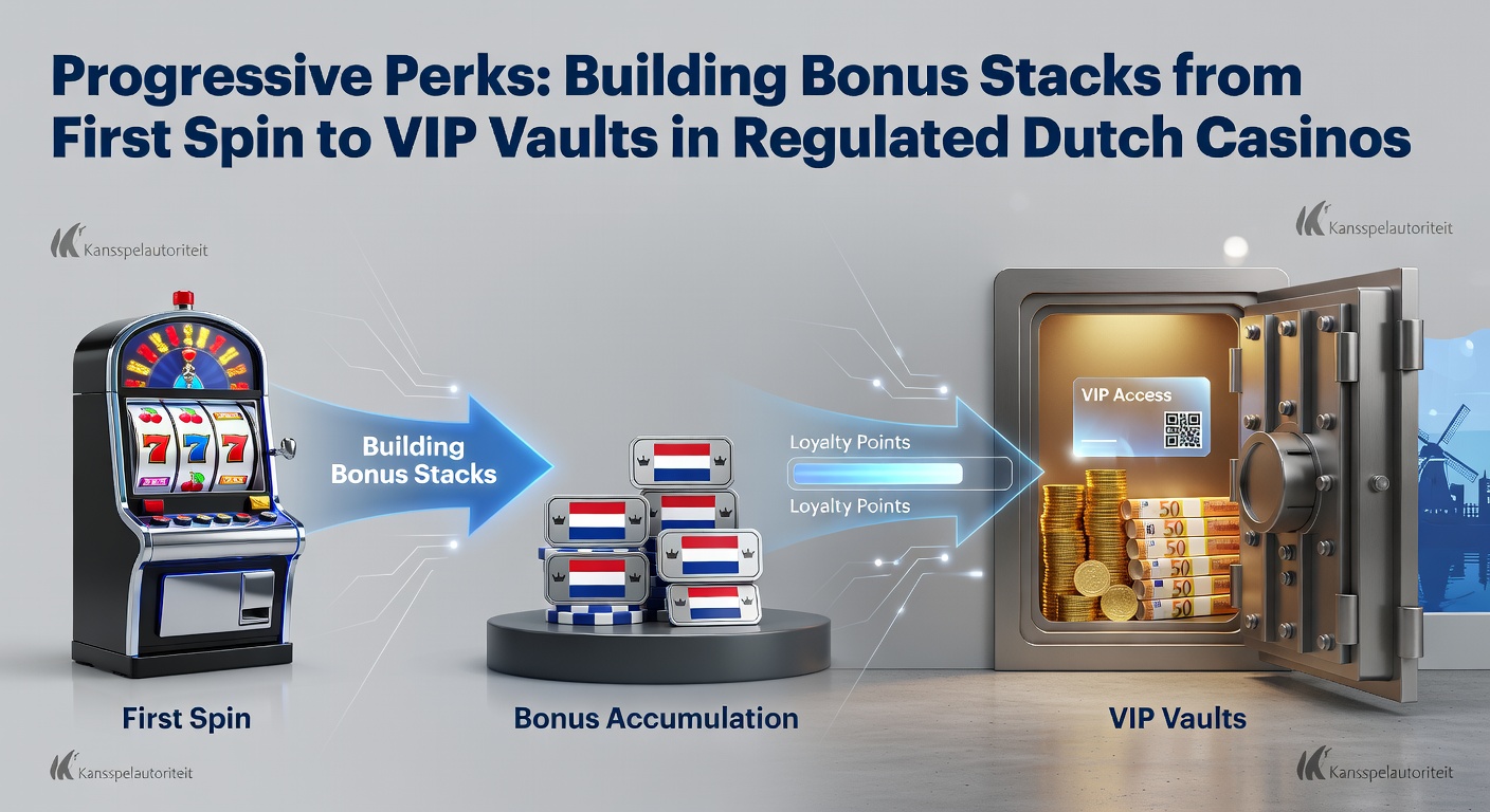 Grafische weergave van groeiende bonusstacks in een Nederlands casino, met symbolen van munten, spins en VIP-niveaus die zich opstapelen vanaf de eerste draai