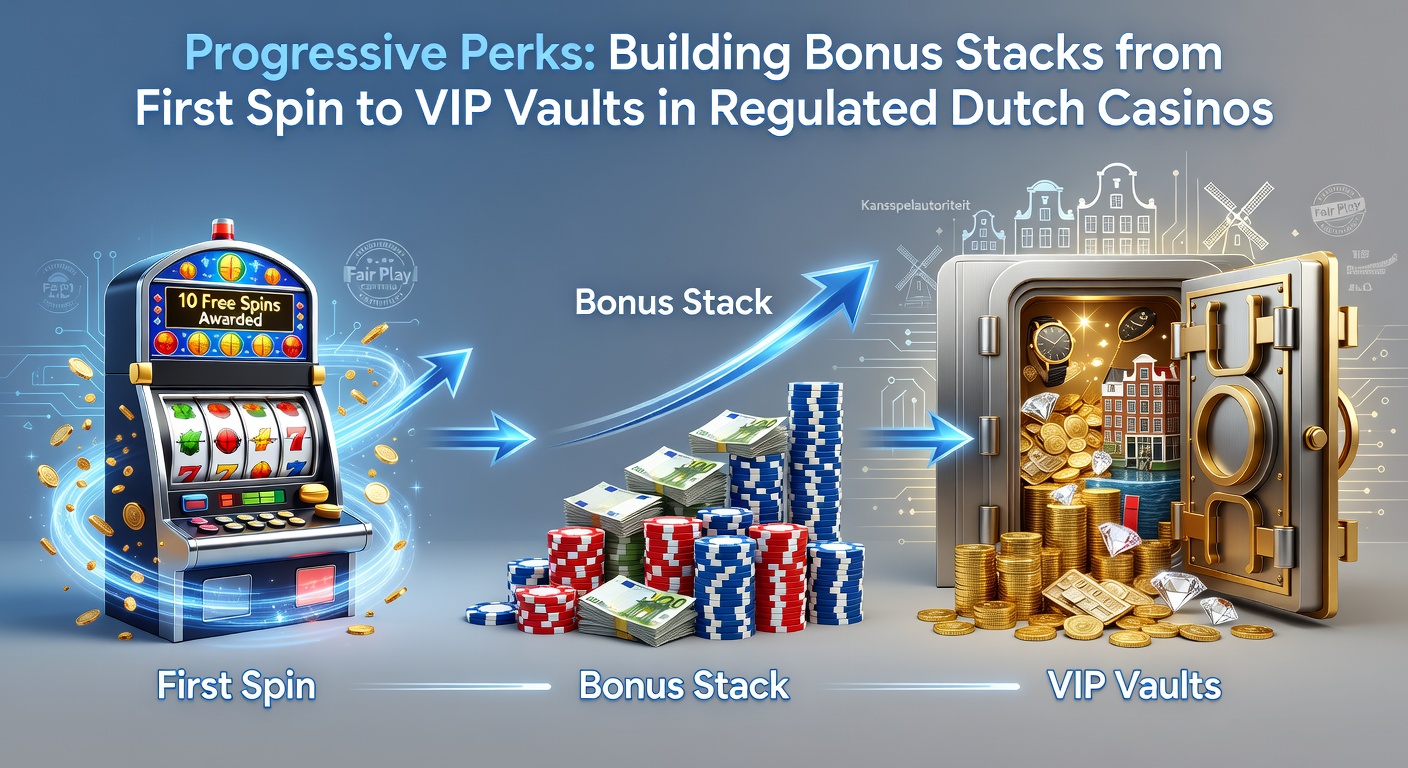 Visuele ladder van loyalty-niveaus in een Nederlands online casino, met iconen van groeiende schatkisten, VIP-sleutels en stapelende bonusmunten vanaf basis tot elite status