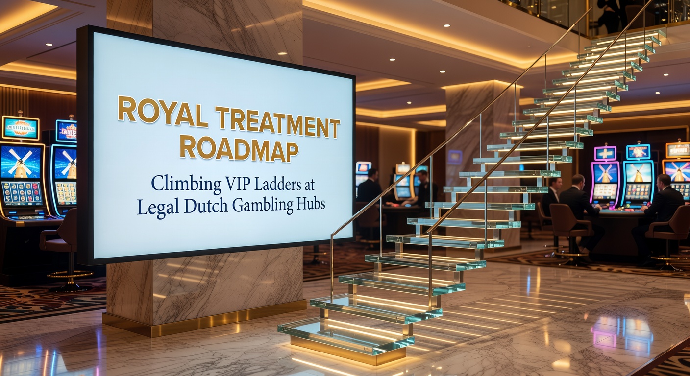 Illustratie van een gouden VIP-ladder met kroon op de top bij een Nederlands casino, symboliserend de klim naar exclusieve voordelen