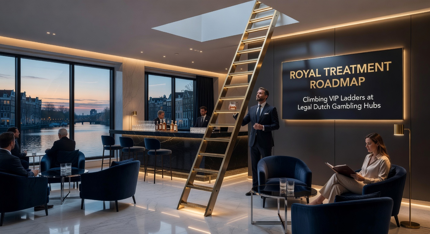 Speler die een VIP-pas ontvangt bij een Nederlands casino, met champagne en exclusieve chips op tafel, illustrerend de beloningen op hogere tiers